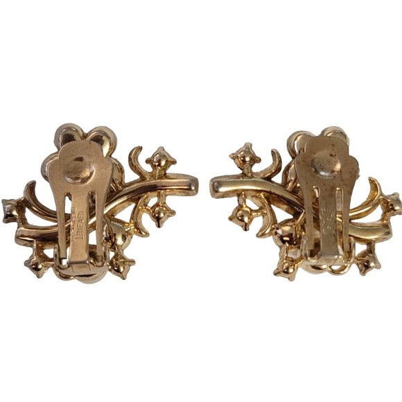 Trifari Vintage Gold Tone Faux Pearl Clear Baguette Rhinestone Clip Earrings E08 - Picture 6 of 12